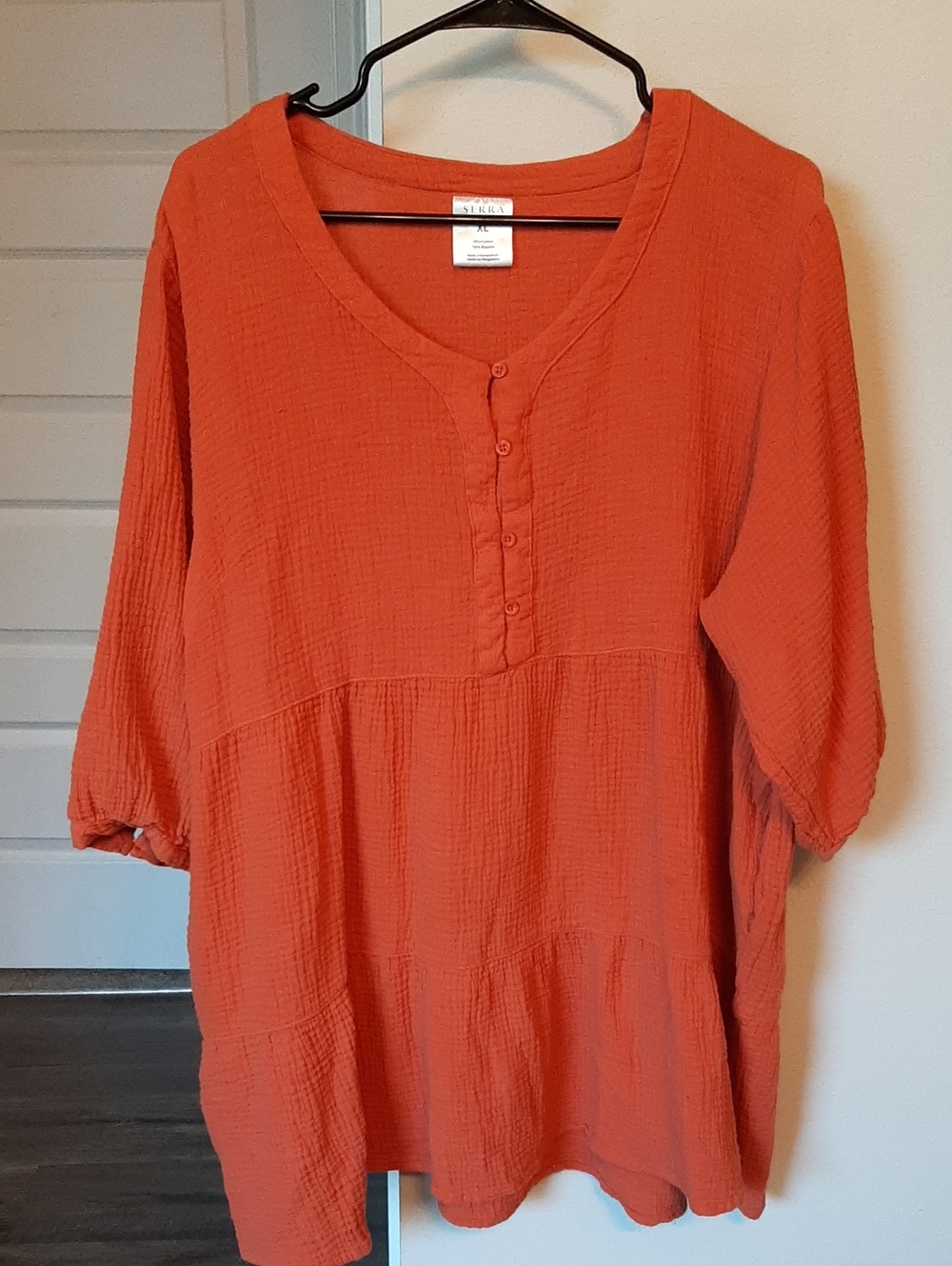 Serra Orange XL  Button-Peplum Waffle Tunic Top, Flowy & Cute!